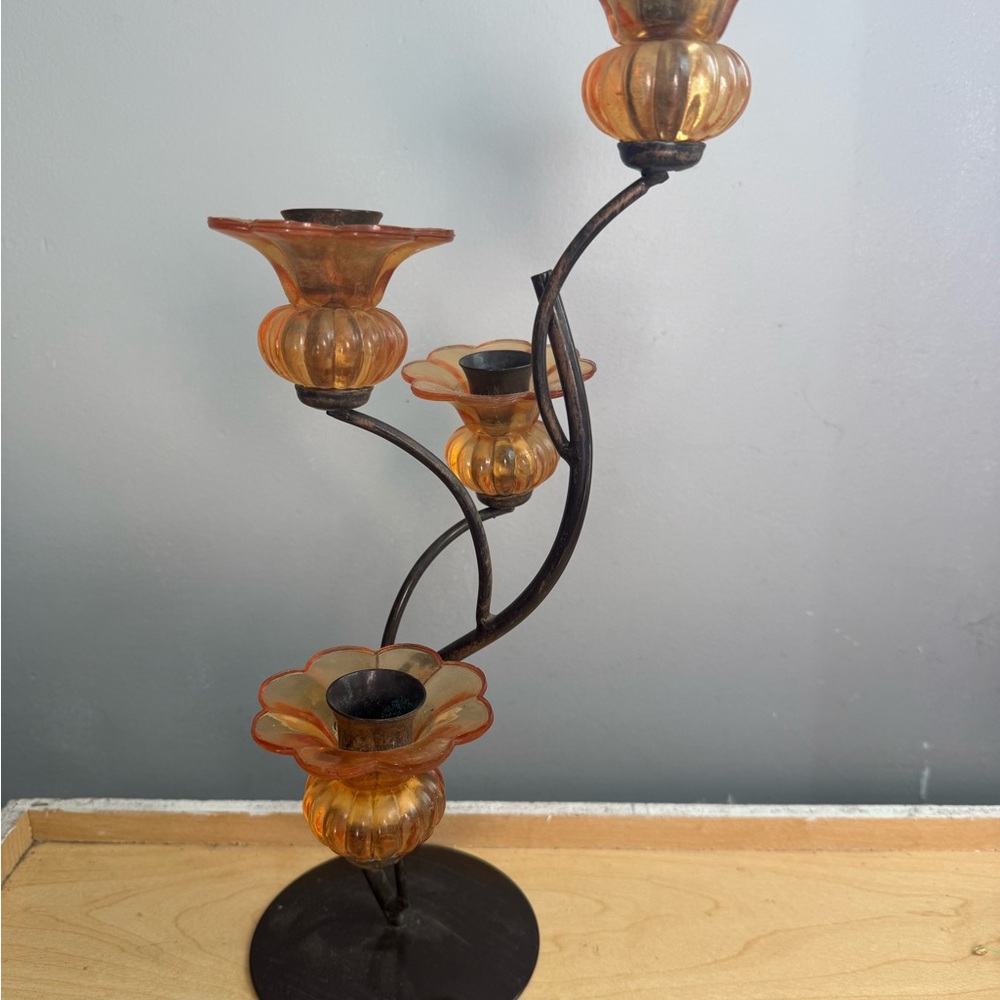 Vintage Orange Glass Floral Candle Holder